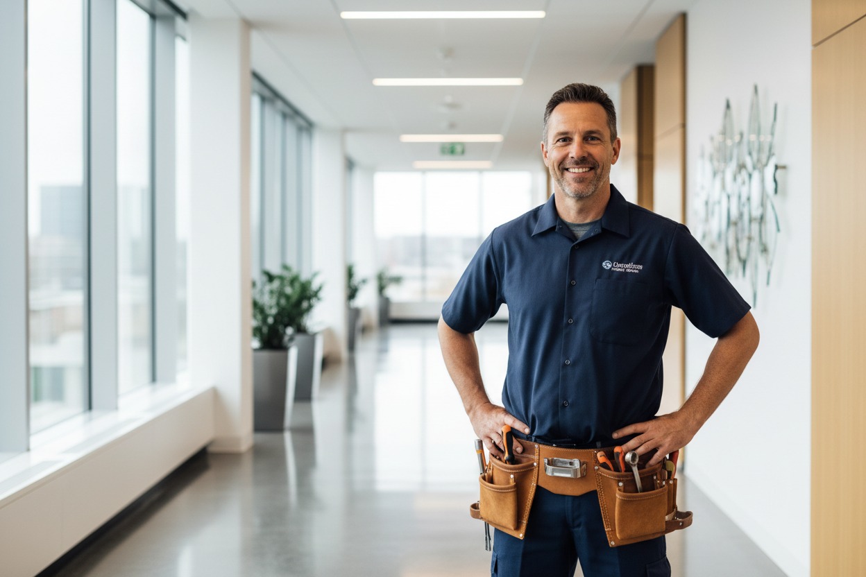 A smiling technician in a blue uniform and tool belt stands in a bright corporate hallway.