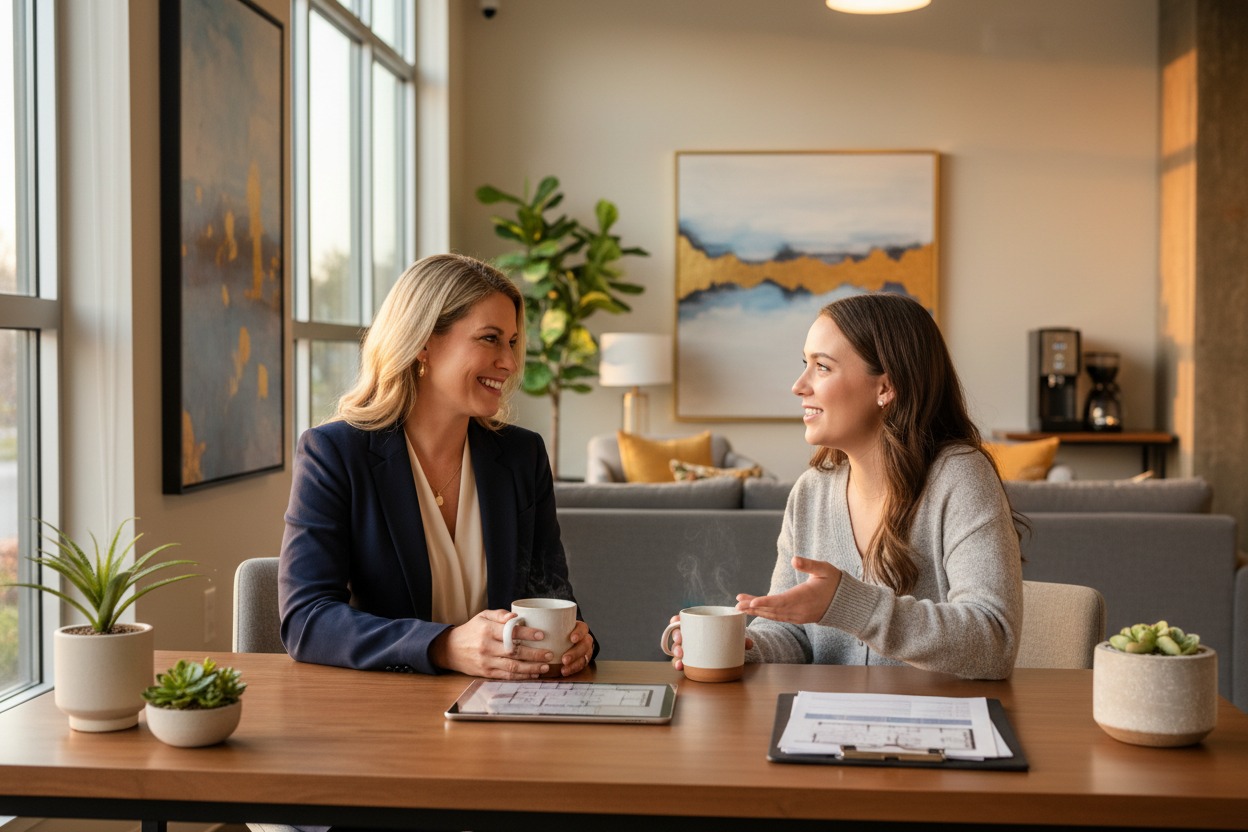 Two women sit at a wooden table in a bright office, drinking coffee and talking across architectural blueprints.