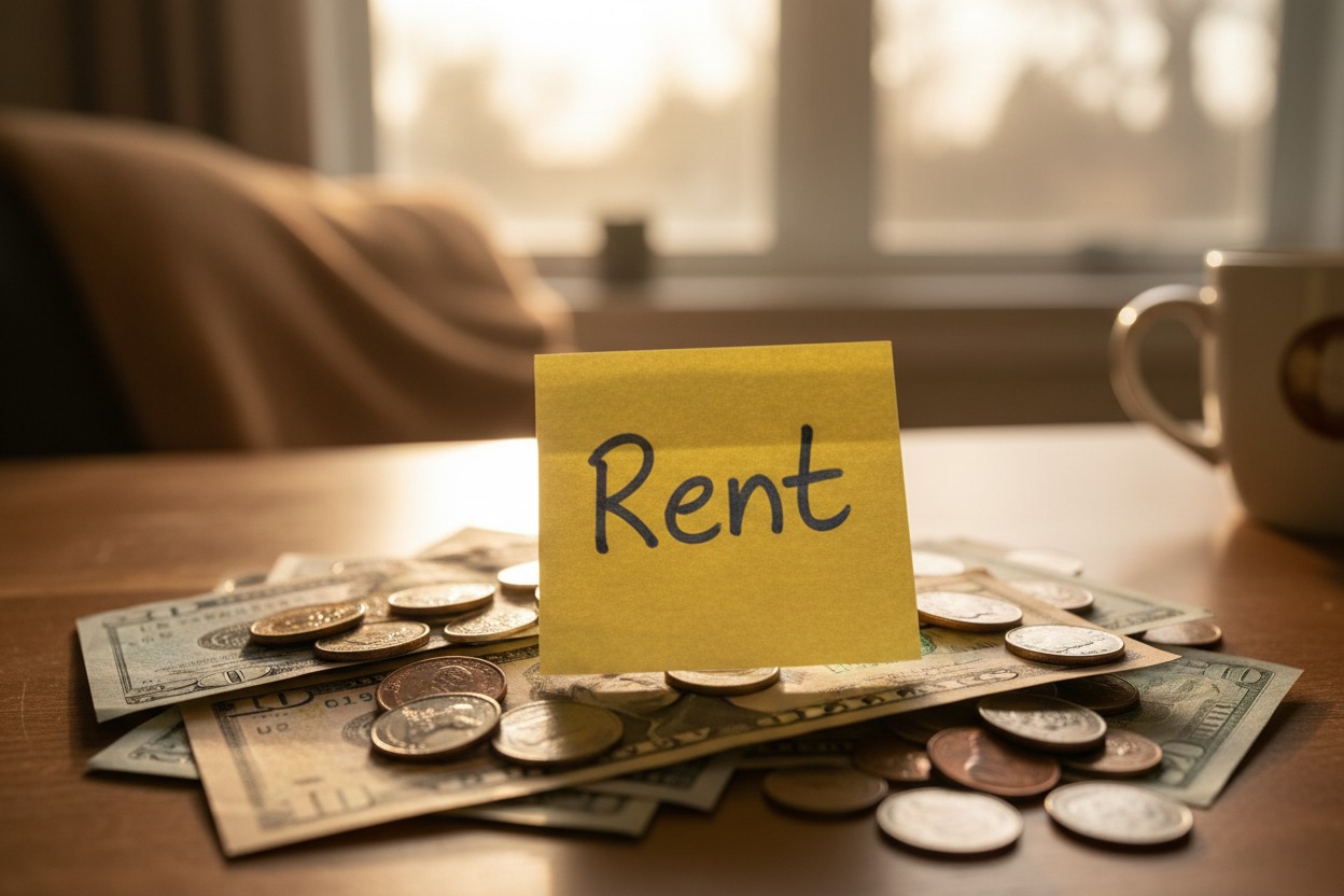 A yellow sticky note with the word "Rent" written on it rests on a pile of US dollar bills and coins on a wooden table.